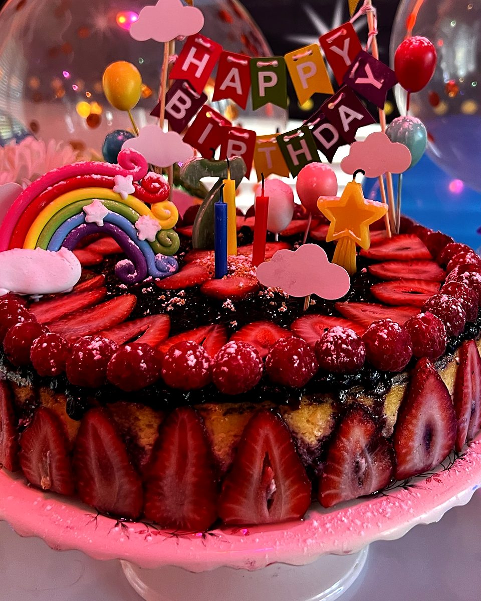 Cheesecake ringed with fresh strawberries and raspberries, decorated for a birthday